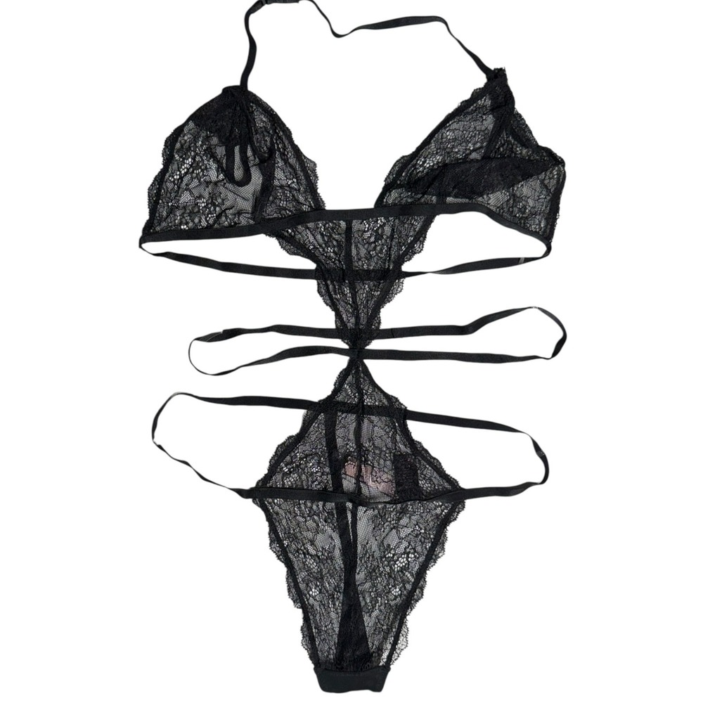 Victoria Secret Lingerie Teddy One Piece Bodysuit XL Black Lace Strappy Unlined‎